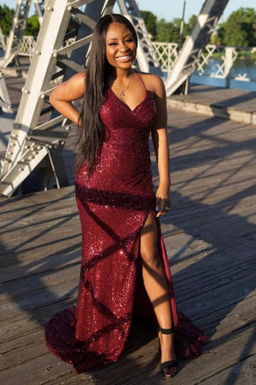GLITTER SEQUINS SPAGHETTI PARTY DRESS SPLIT-FRONT PROM DRESS HZ1023
